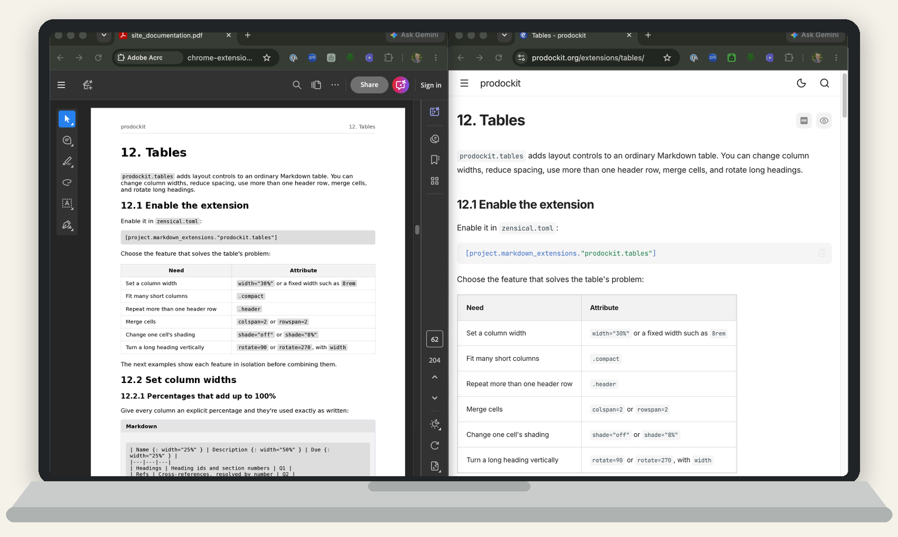 The same Prodockit tables page displayed as a printable PDF and as a responsive website